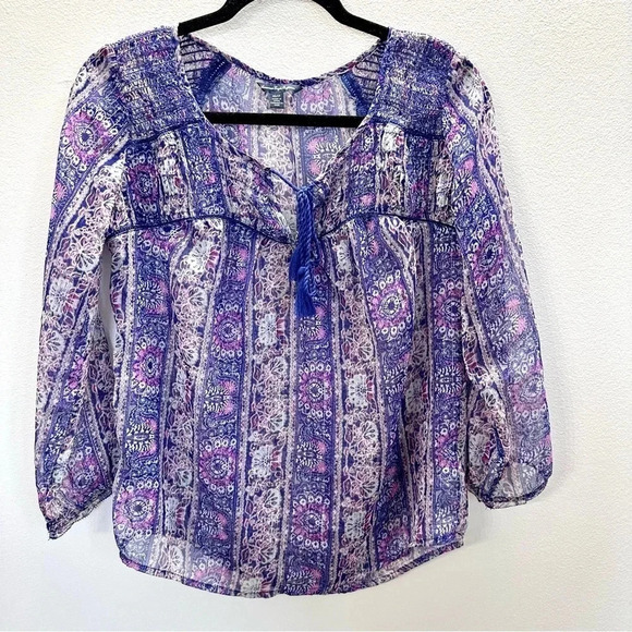 American Eagle Outfitters Women's 3/4 Sleeve Purple Paisley Design Top Sz XS GUC - Picture 2 of 9